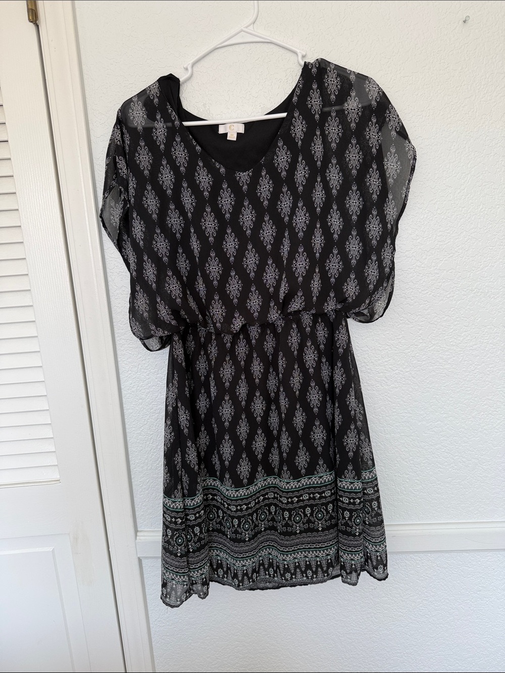 Charming Charlie Black Patterned Midi Dress with Border Print